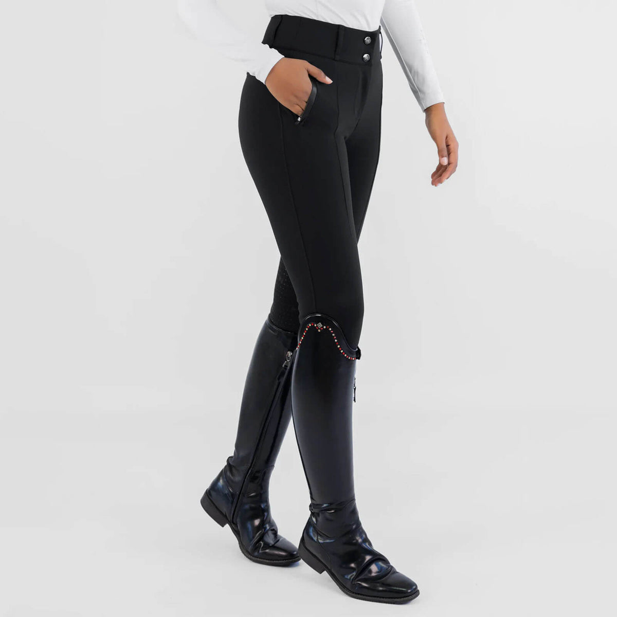 Reithose Damen Knee-Grip Honour Damenreithose, Schwarz, Person trägt die Reithose.