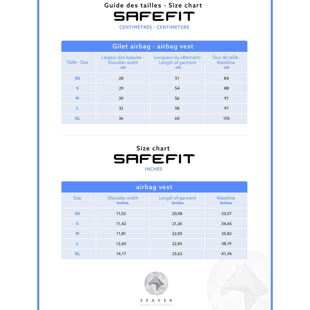 Seaver Airbag-Weste SAFEFIT Sicherheitsweste, Größenübersicht mit Maßtabelle.