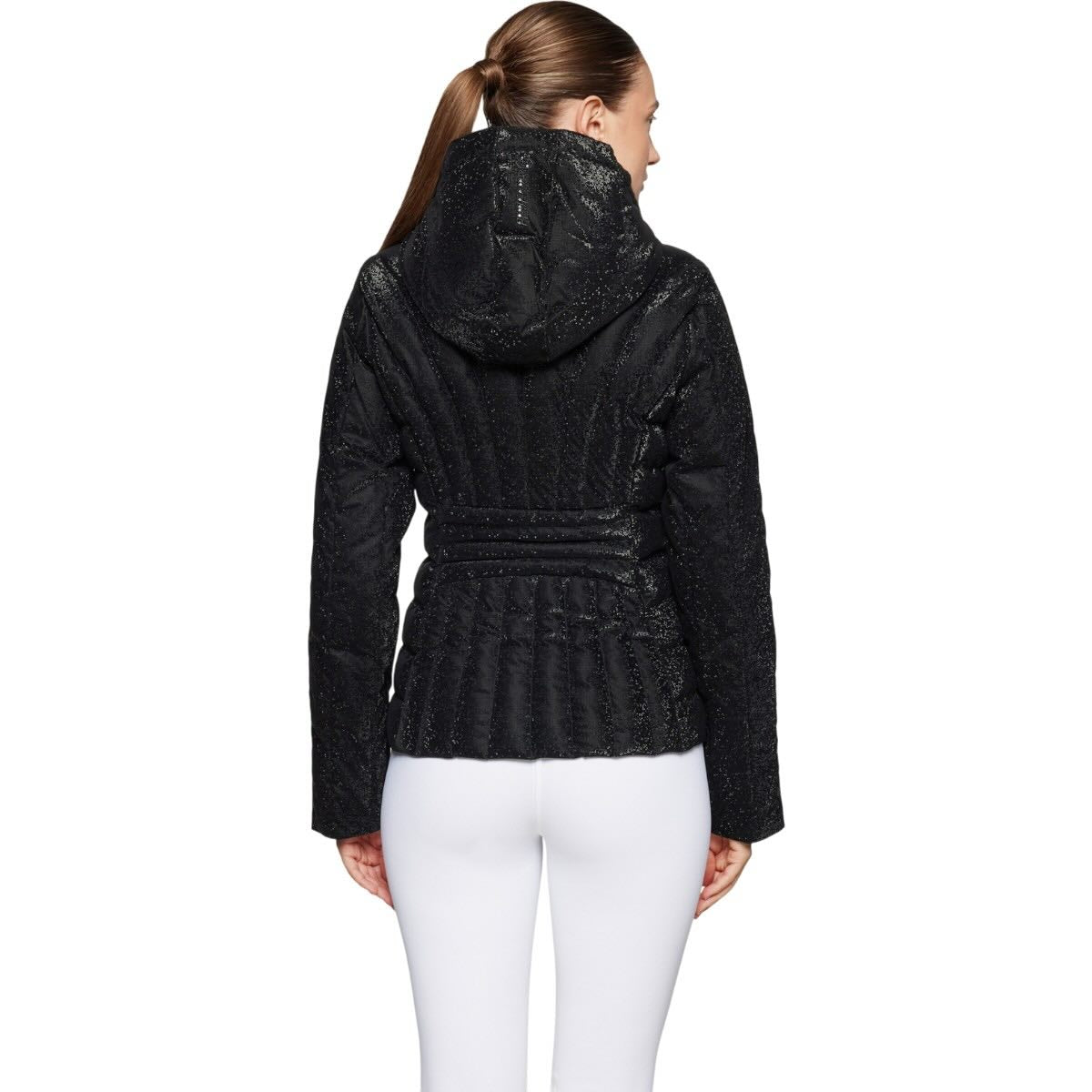 Steppjacke Damen Courchevel ICE-Print Daunenjacke, Schwarz, Rückansicht an Frau getragen.