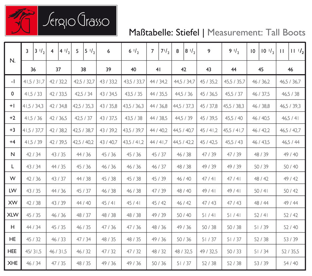 Sergio Grasso Reitstiefel Pavia, Maßtabelle für Tall Boots.