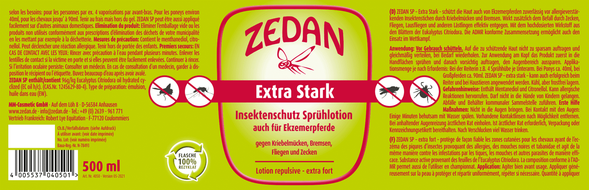 ZEDAN SP Insektenschutz Sprühlotion - extra stark -, Produktetikett 500 ml auf gelbem Hintergrund.