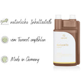 Alpurial Gelenkfit Liquid Flasche mit Text „natürliche Inhaltsstoffe“, „vom Tierarzt empfohlen“, „Made in Germany“ – Wenn Pferde hinken: Die Krankheit Spat beim Pferd.