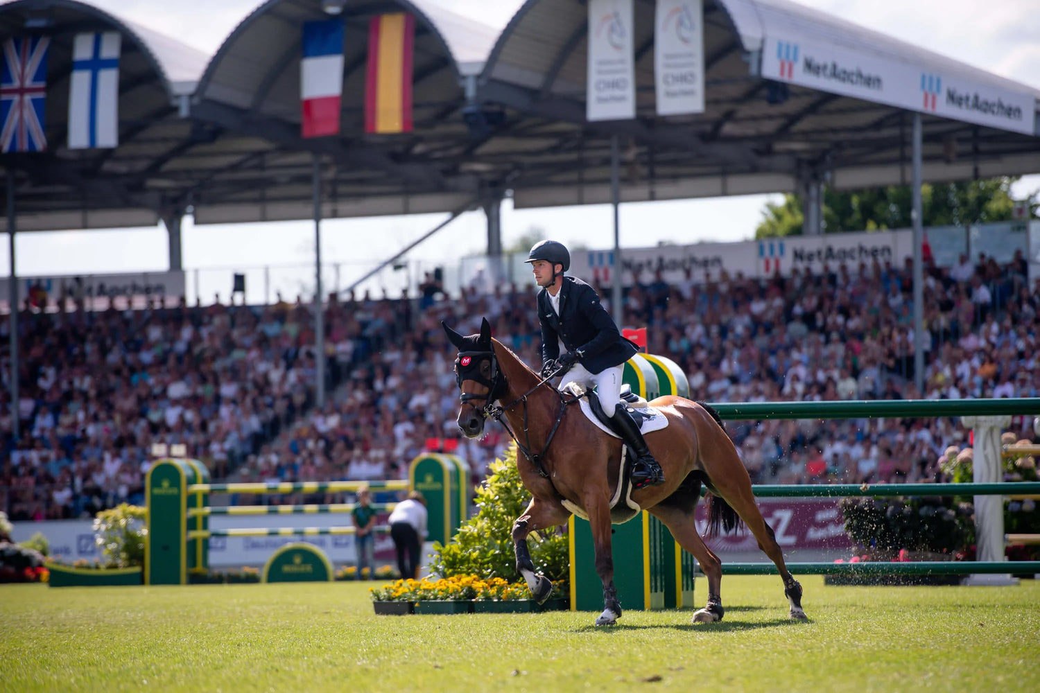Reiter springt mit braunem Pferd über Hindernis im Stadion von Aachen, Die schönsten Reitturniere in Deutschland.