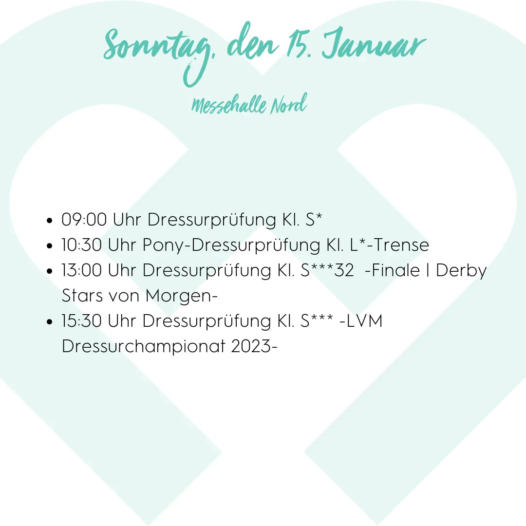 Sonntag, den 15. Januar, Messehalle Nord mit Zeitplan für Dressurprüfungen, Der AGRAVIS Cup Münster – das Traditionsturnier in der Halle Münsterland.