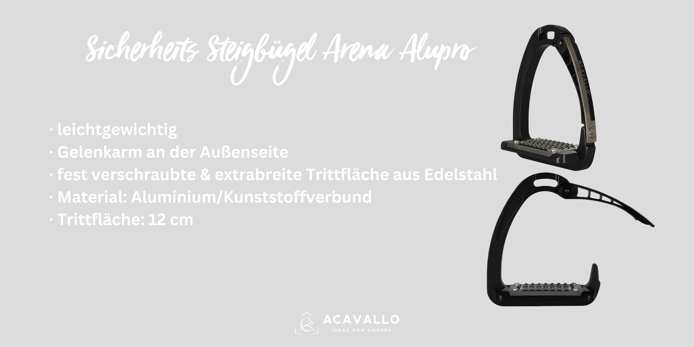 Zwei schwarze Sicherheitssteigbügel mit Gelenkarm und breiter Trittfläche, Die richtigen Steigbügel für dich.