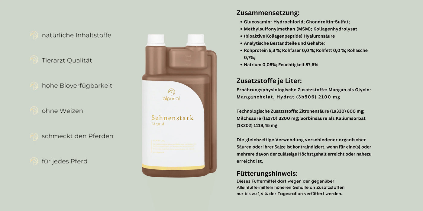 Alpurial Sehnenstark-Flasche mit Inhaltsstoffen und Fütterungshinweis, ALPURIAL - Für jedes Problem eine Lösung