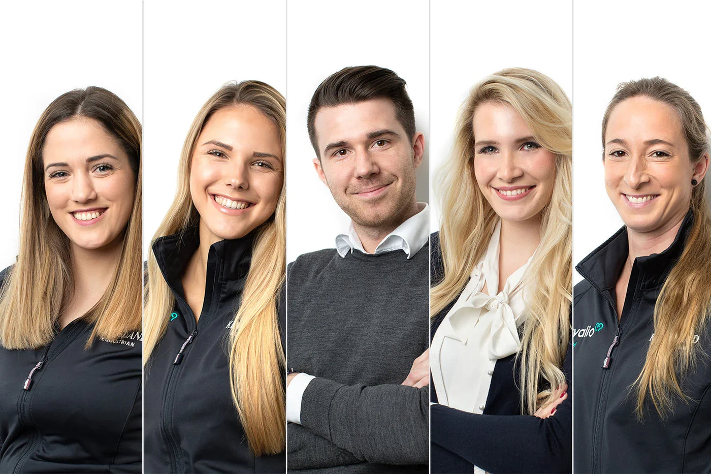 Fünf Mitarbeitende vor weißem Hintergrund, Dein kavalio Team - Wir stellen uns vor.
