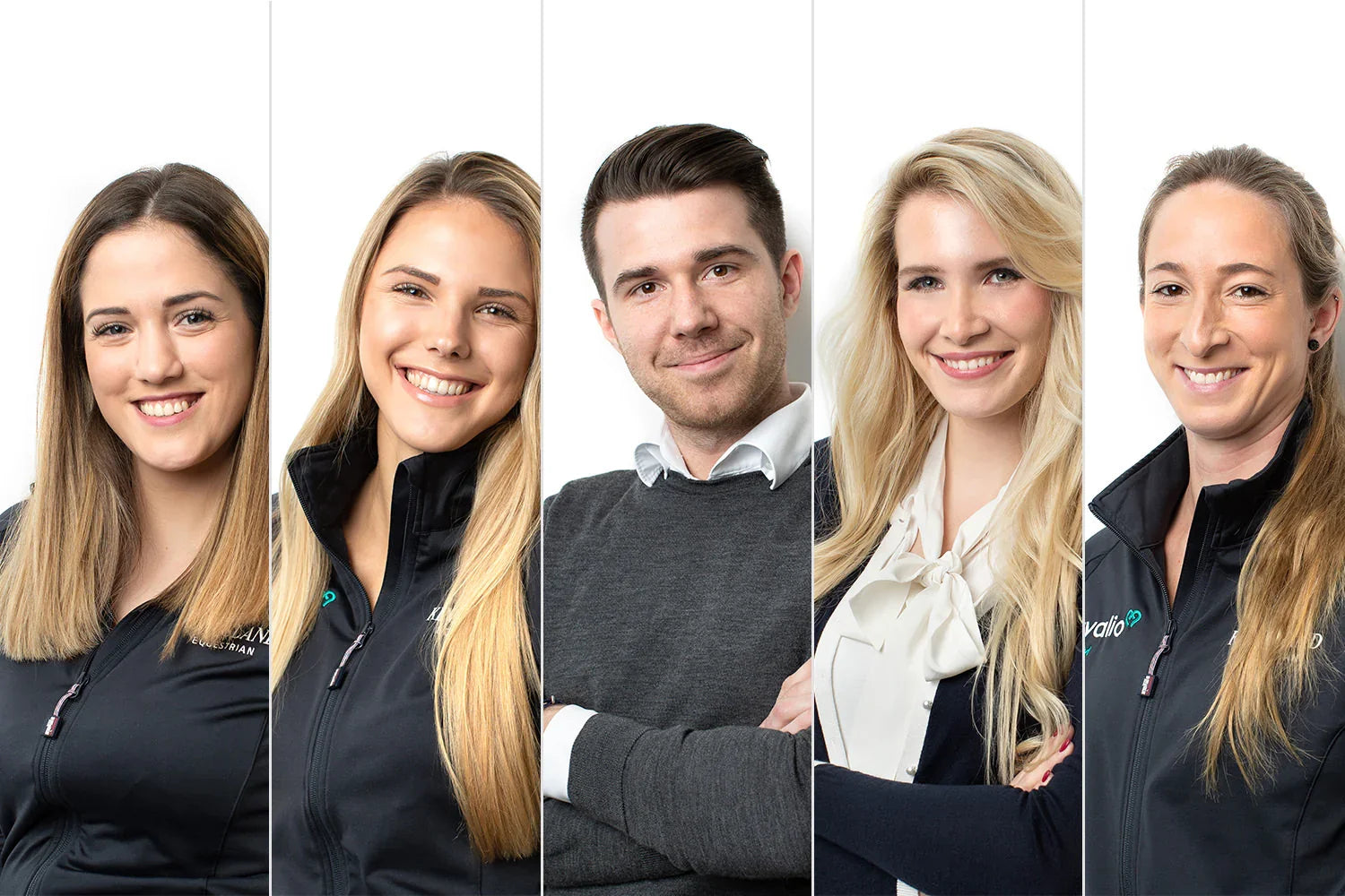Fünf Mitarbeitende vor weißem Hintergrund, Dein kavalio Team - Wir stellen uns vor.
