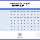 SAFEFIT Größentabelle mit Größen, Schulterbreite, Brust-, Taillen- und Hüftmaßen, Airbag-Weste SAFEFIT - Dein Größen-Guide