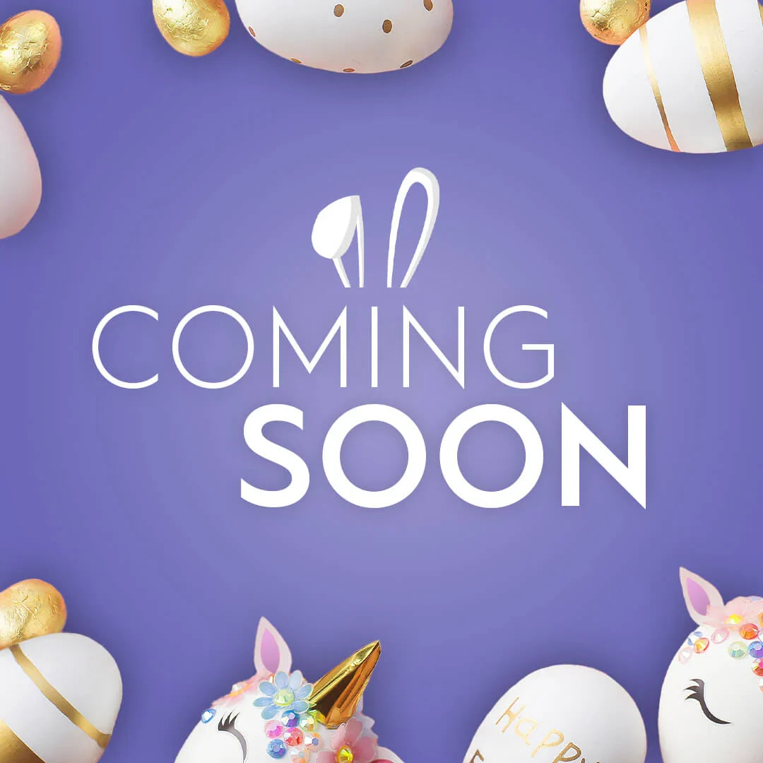 Weiße und goldene Ostereier auf lila Hintergrund mit „COMING SOON“, THE BIGGEST EASTER SALE EVER EVER