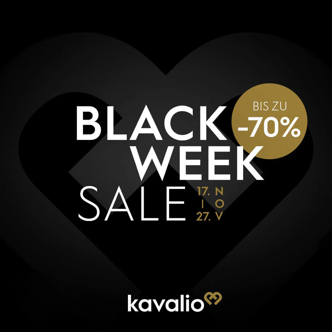 Schwarzes Black-Week-Banner mit „BLACK WEEK SALE“, „BIS ZU -70%“ und kavalio-Logo, BIGGEST BLACK WEEK – EVER.