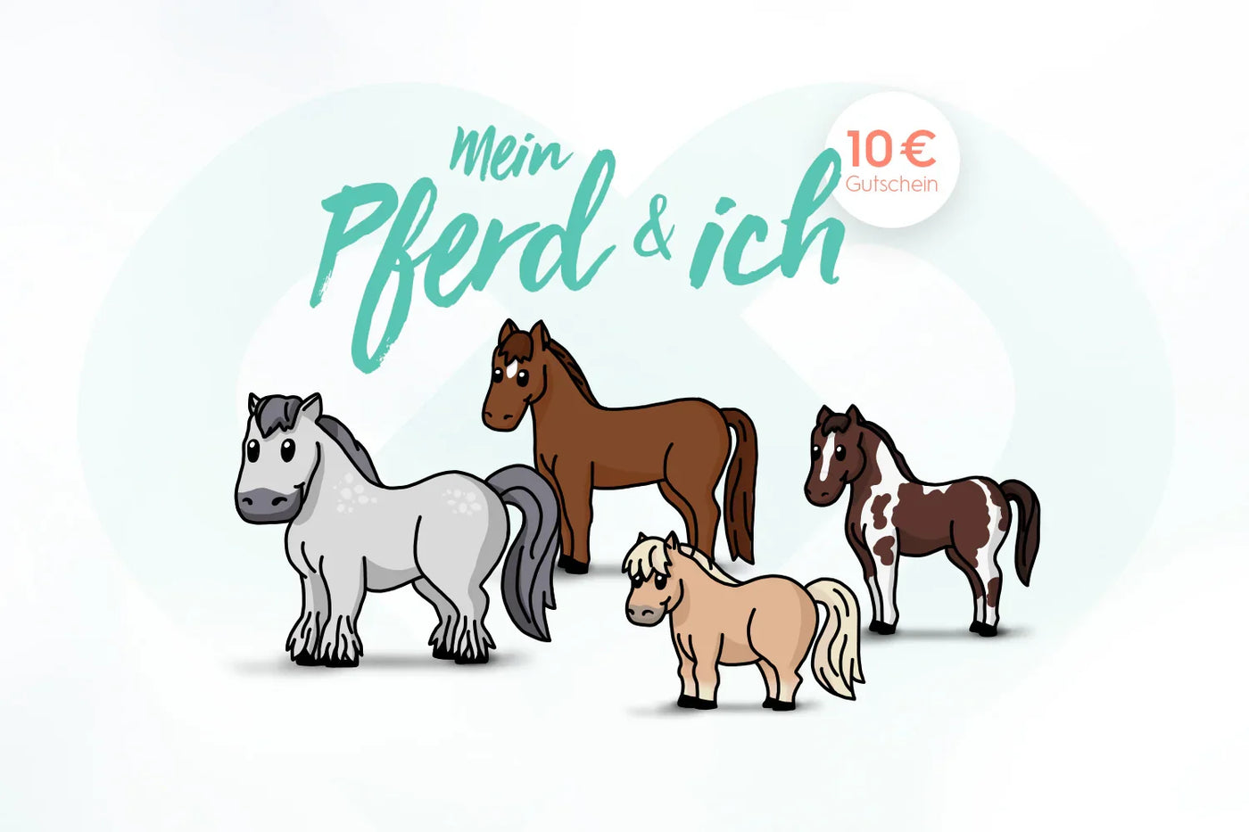 Vier gezeichnete Pferde vor der Aufschrift "Mein Pferd & ich", 10 € Gutschein zum Pferdekonfigurator.