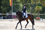 Reiterin auf braunem Pferd im Dressurviereck, TURNIER ROUTINE von kavalio TEAMREITERIN Chiara.