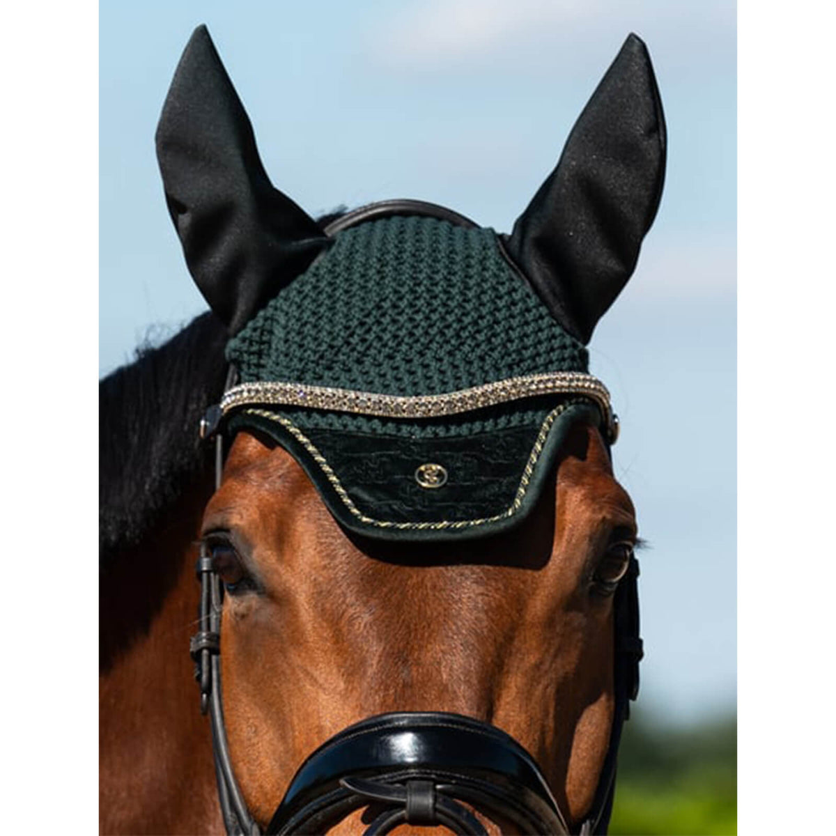 Fliegenmütze Samt Monogram HW 2024 Fliegenhaube, Midnight Green, am Pferd getragen.