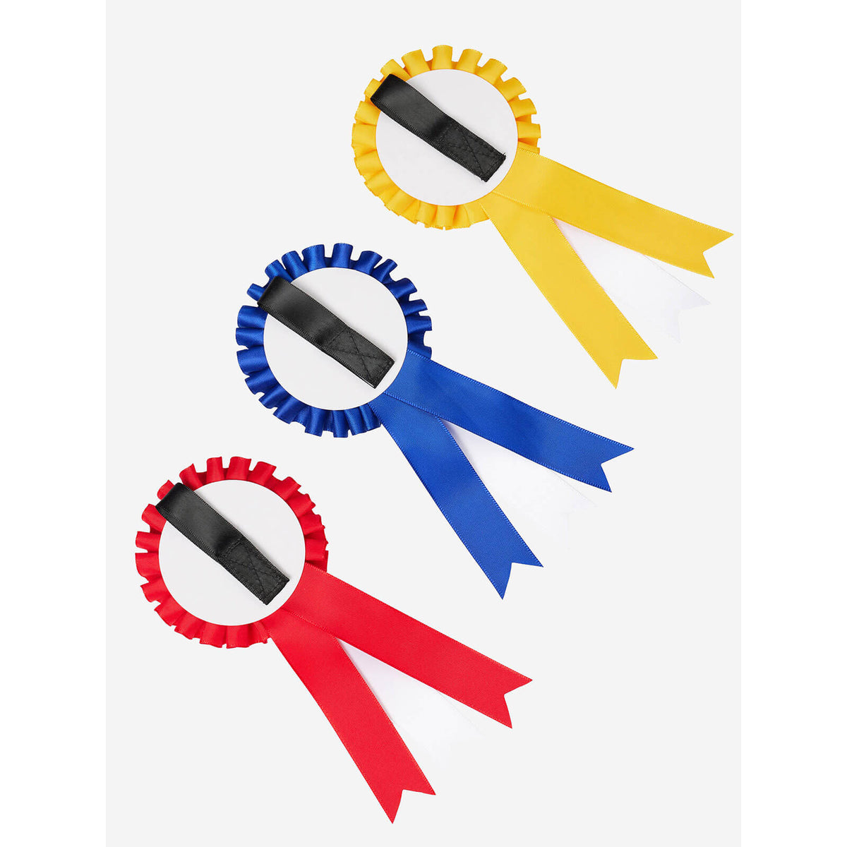 LeMieux Hobby Horse Turnierschleifen Rosette Pack Multi, mehrere Farbvarianten, drei Rosetten auf weißem Hintergrund.