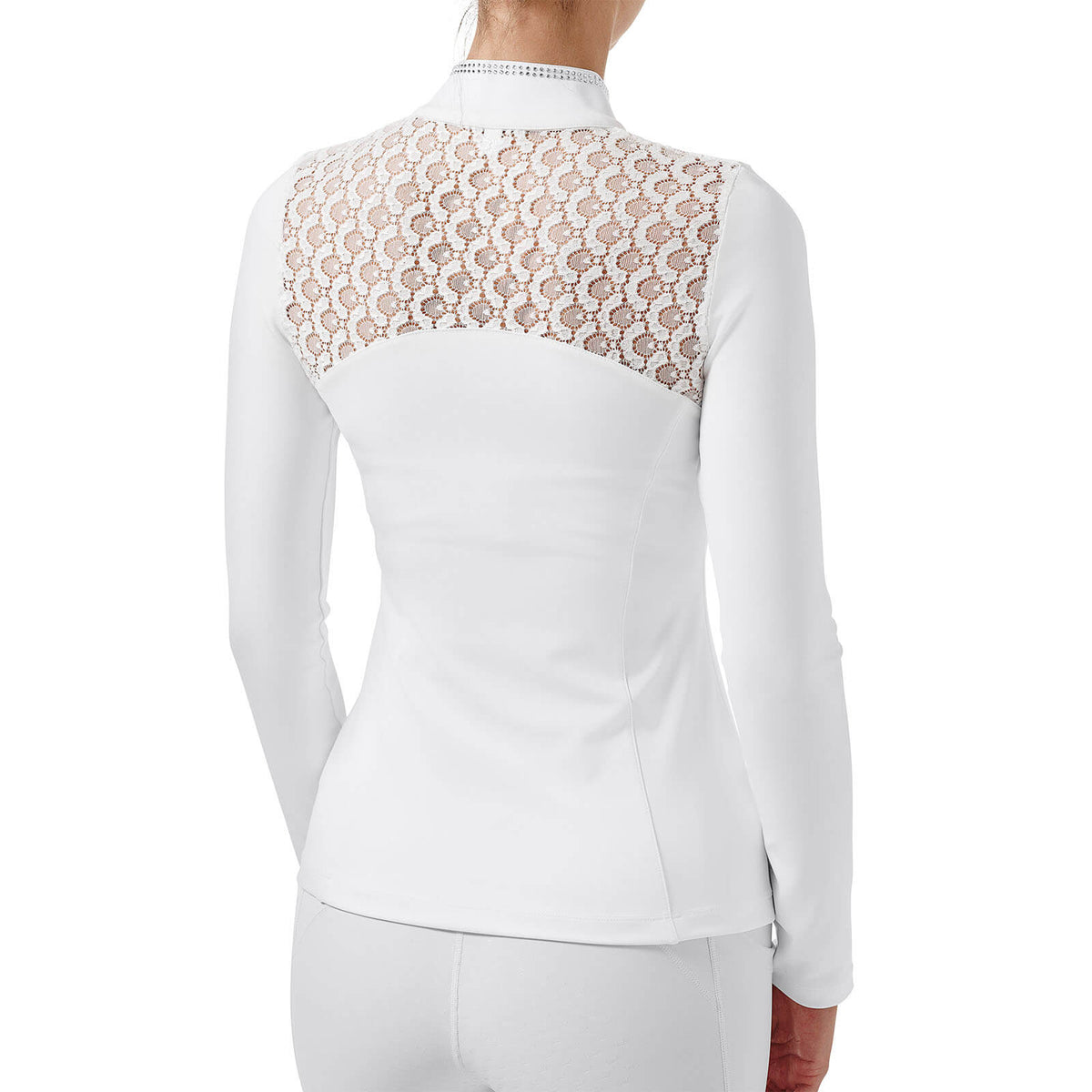 Turniershirt langarm Crystal Champion Top Long Sleeve White, Weiß, Rückansicht an Person getragen.