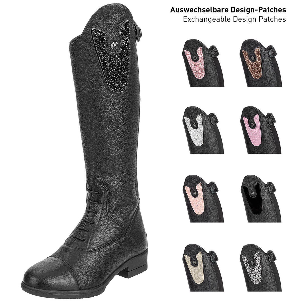 Suedwind Equestrian Patches Nova Kids Fun, mehrfarbige Design-Patches am Kinderreitstiefel und verschiedene Varianten.