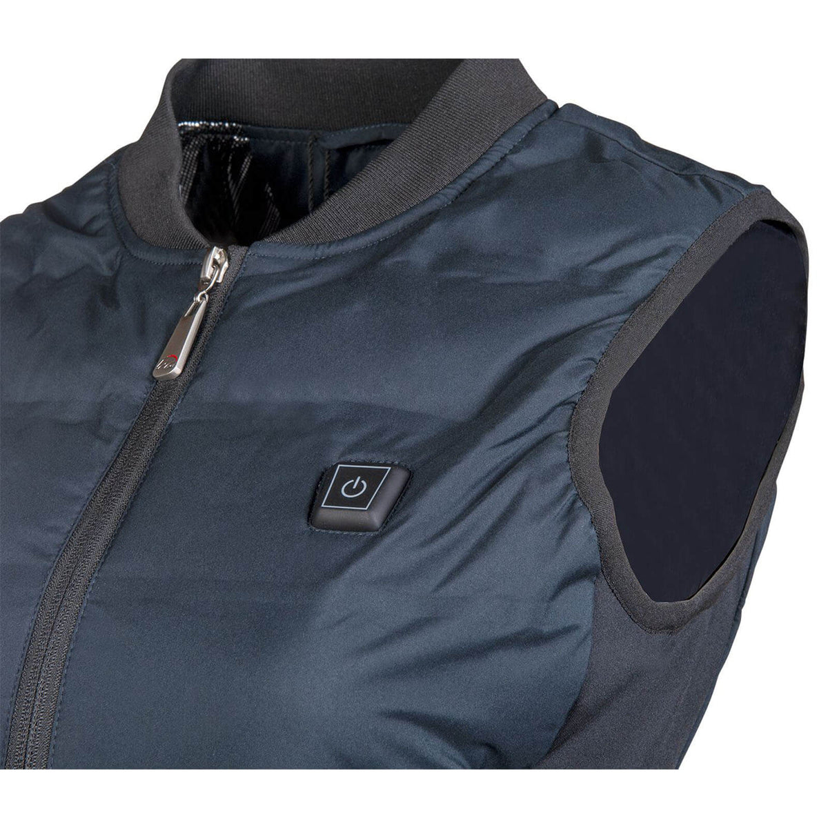 Heizweste Comfort Temperature-Style, dunkelblau, Detailaufnahme der Heizweste mit Reißverschluss und Schalter.