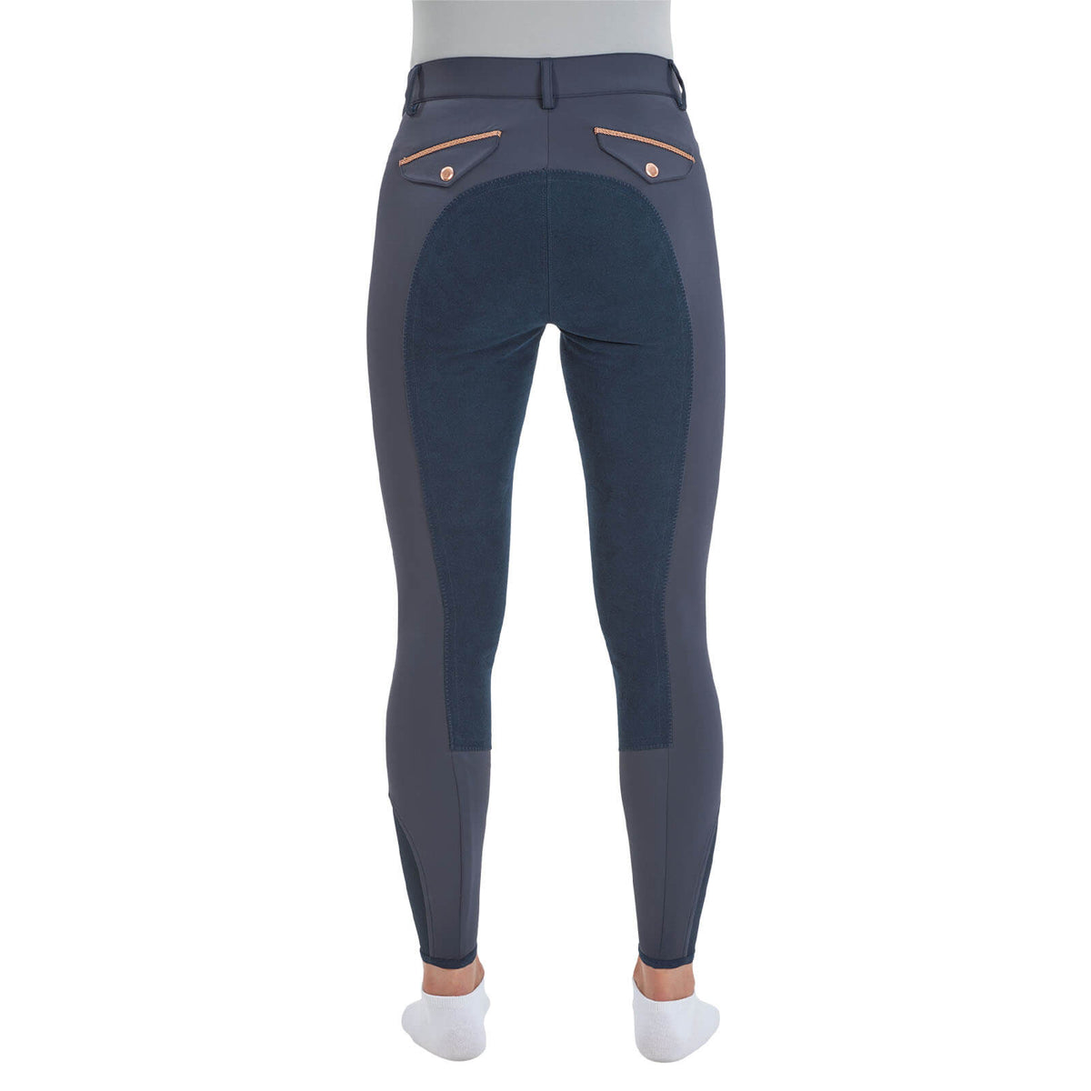 Reithose Damen Full-Grip Malika Pro Damenreithose Vollbesatz, Navy, Person trägt die Reithose von hinten.