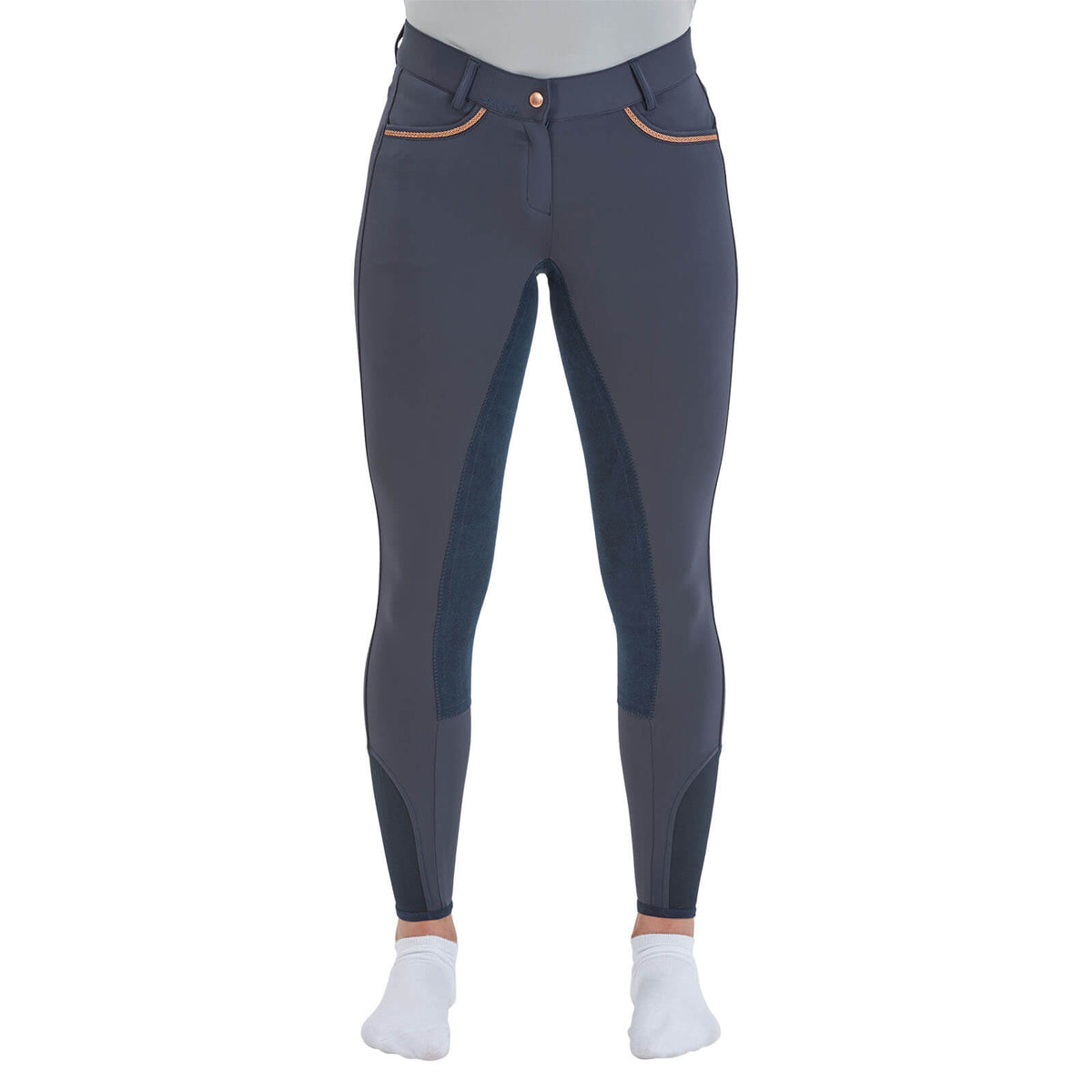 Reithose Damen Full-Grip Malika Pro Damenreithose Vollbesatz, Dark Navy, Person trägt die Hose.