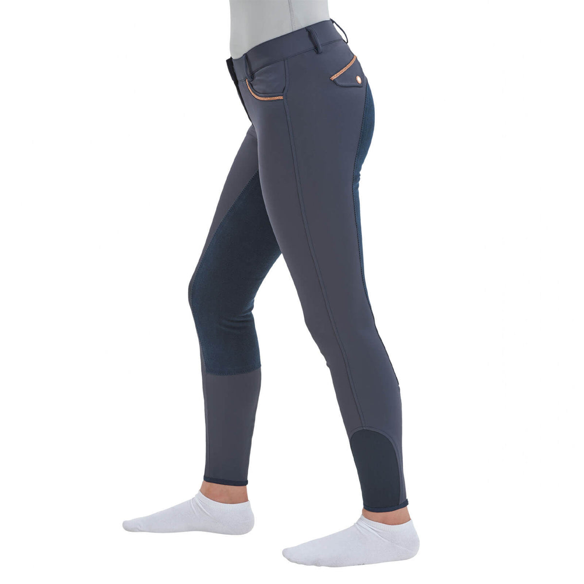 Reithose Damen Full-Grip Malika Pro Damenreithose Vollbesatz, dunkelblau, Person trägt die Hose.