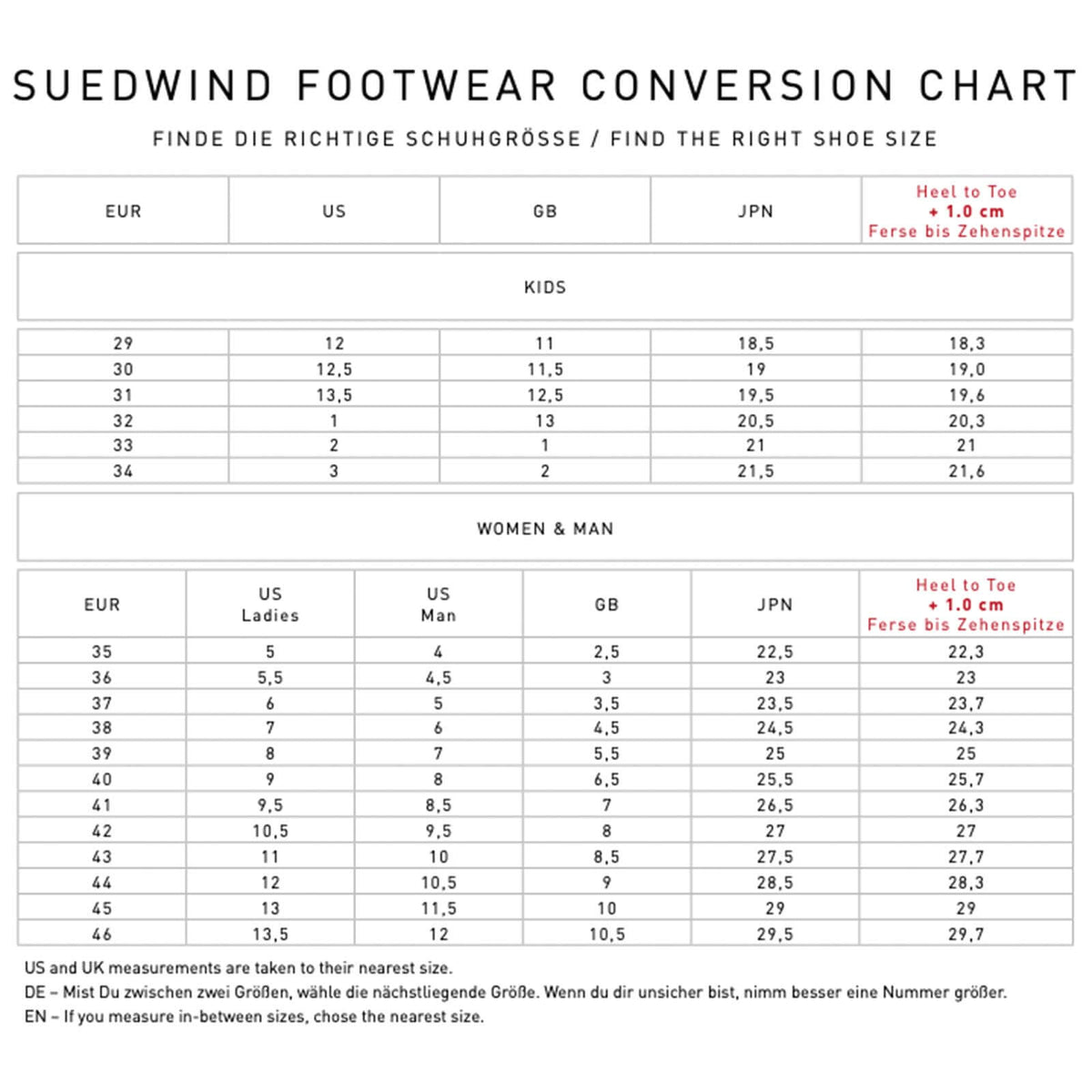 Suedwind Reitstiefel Nova Tall Vegan, Größentabelle für Erwachsene und Kinder.