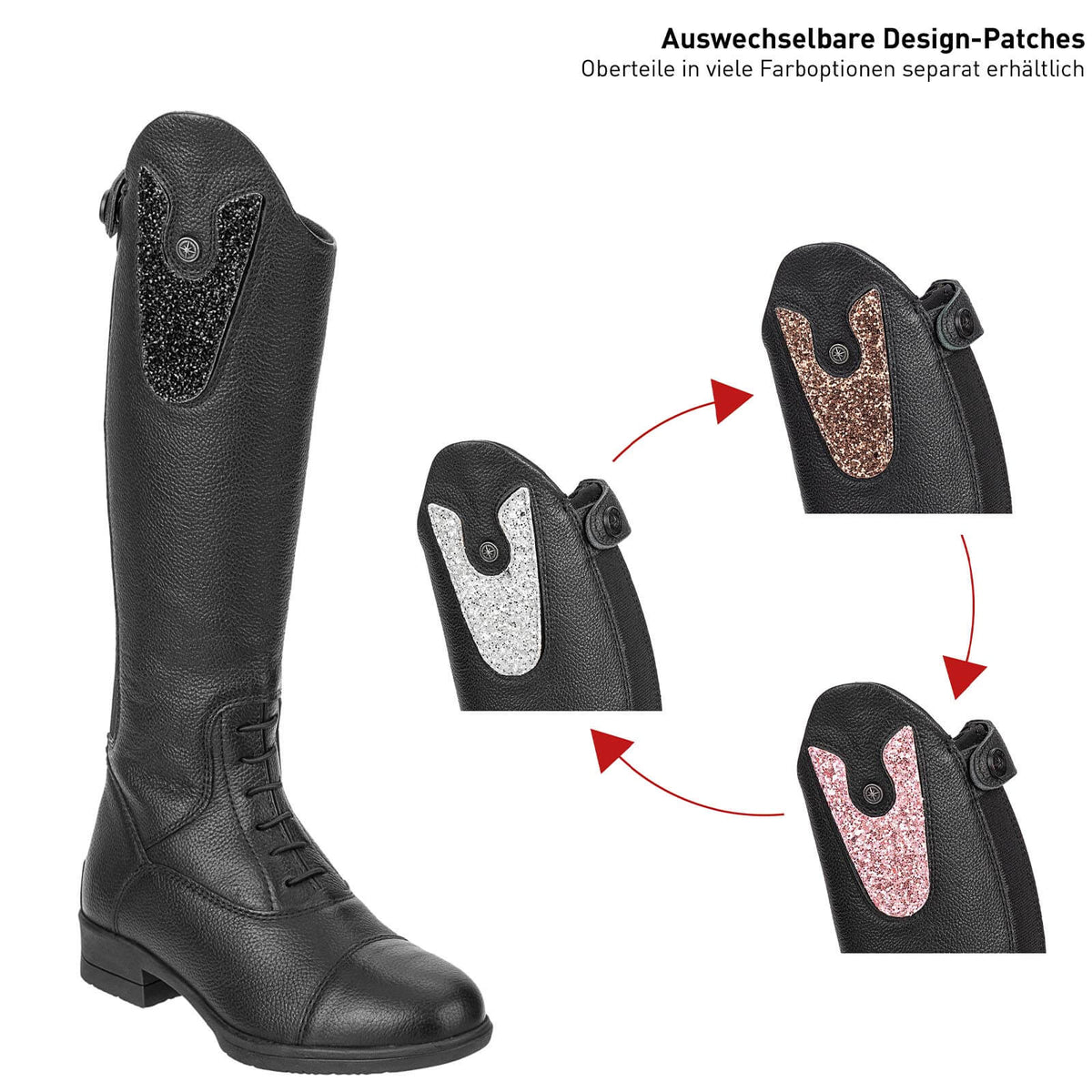 Suedwind Equestrian Patches Nova Kids Fun, mehrere Farbvarianten, Detailansicht austauschbarer Design-Patches am Stiefel.