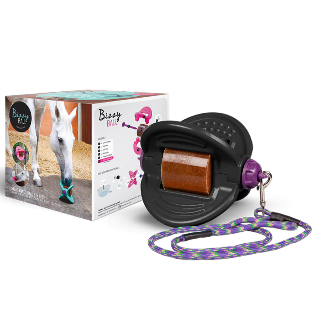 Bizzy Ball Leckstein Halterung Pferd, Schwarz, Produkt mit Verpackung und Seil auf weißem Hintergrund.
