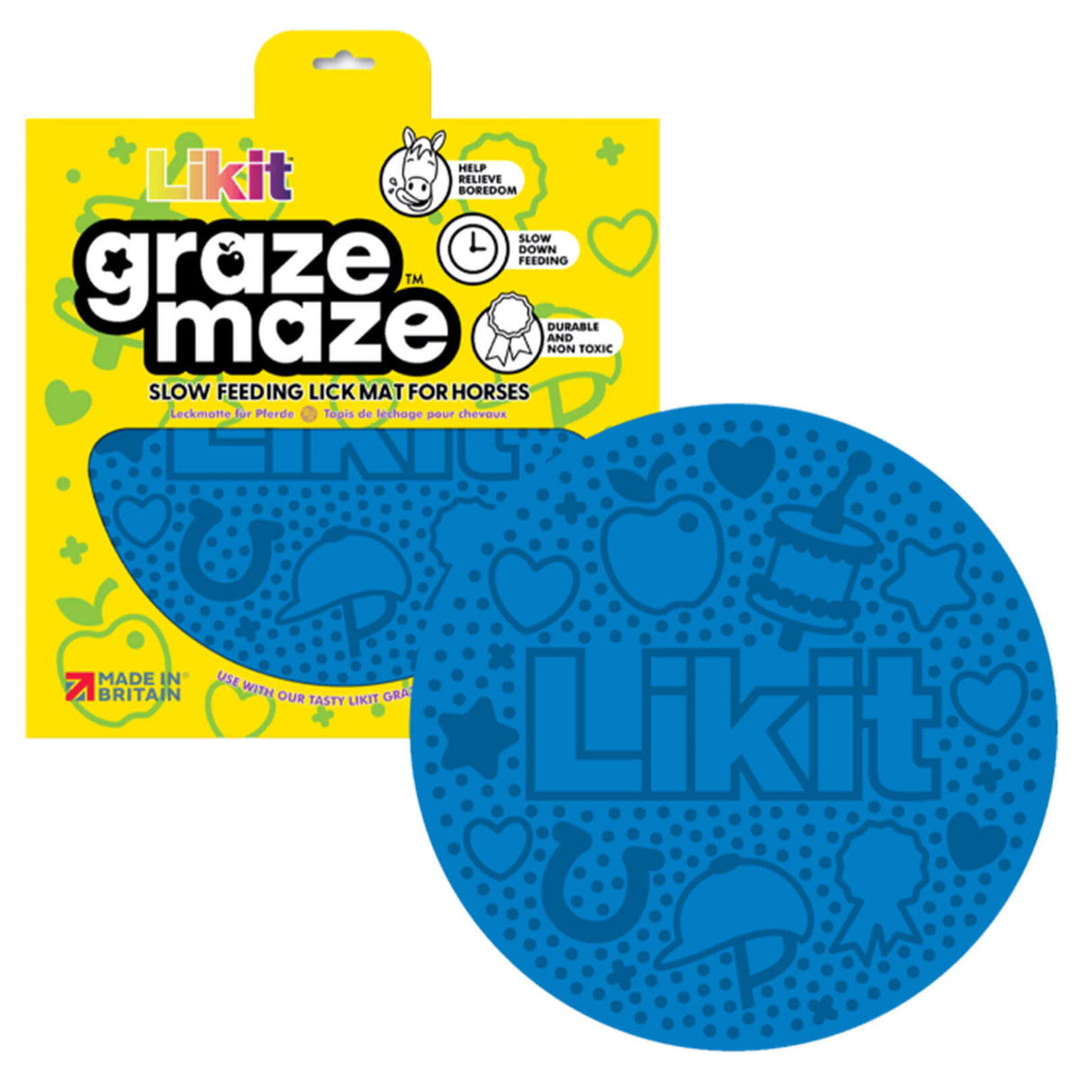 Likit Beschäftigungsmatte Likit Graze Maze Schleckmatte, Blau, Produkt mit Verpackung und Schleckmatte.
