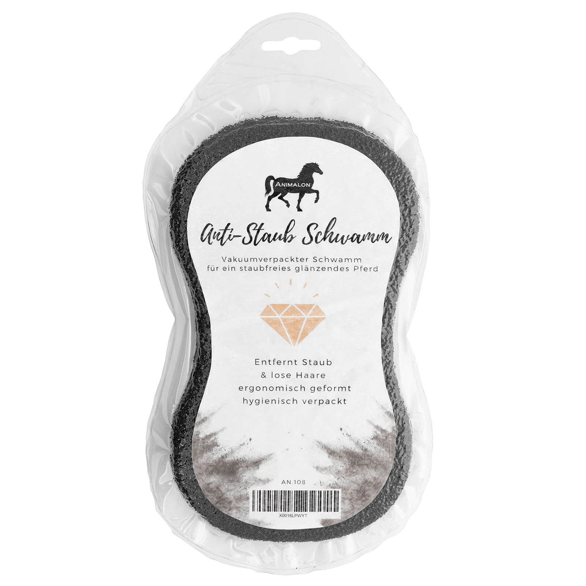 Animalon Anti-Staub Schwamm, schwarz, Produkt allein in Vakuumverpackung auf weißem Hintergrund.