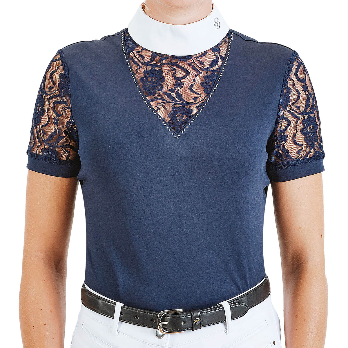 Turnier-Shirt Ravenna, Dunkelblau, Detailaufnahme am Oberkörper getragen.