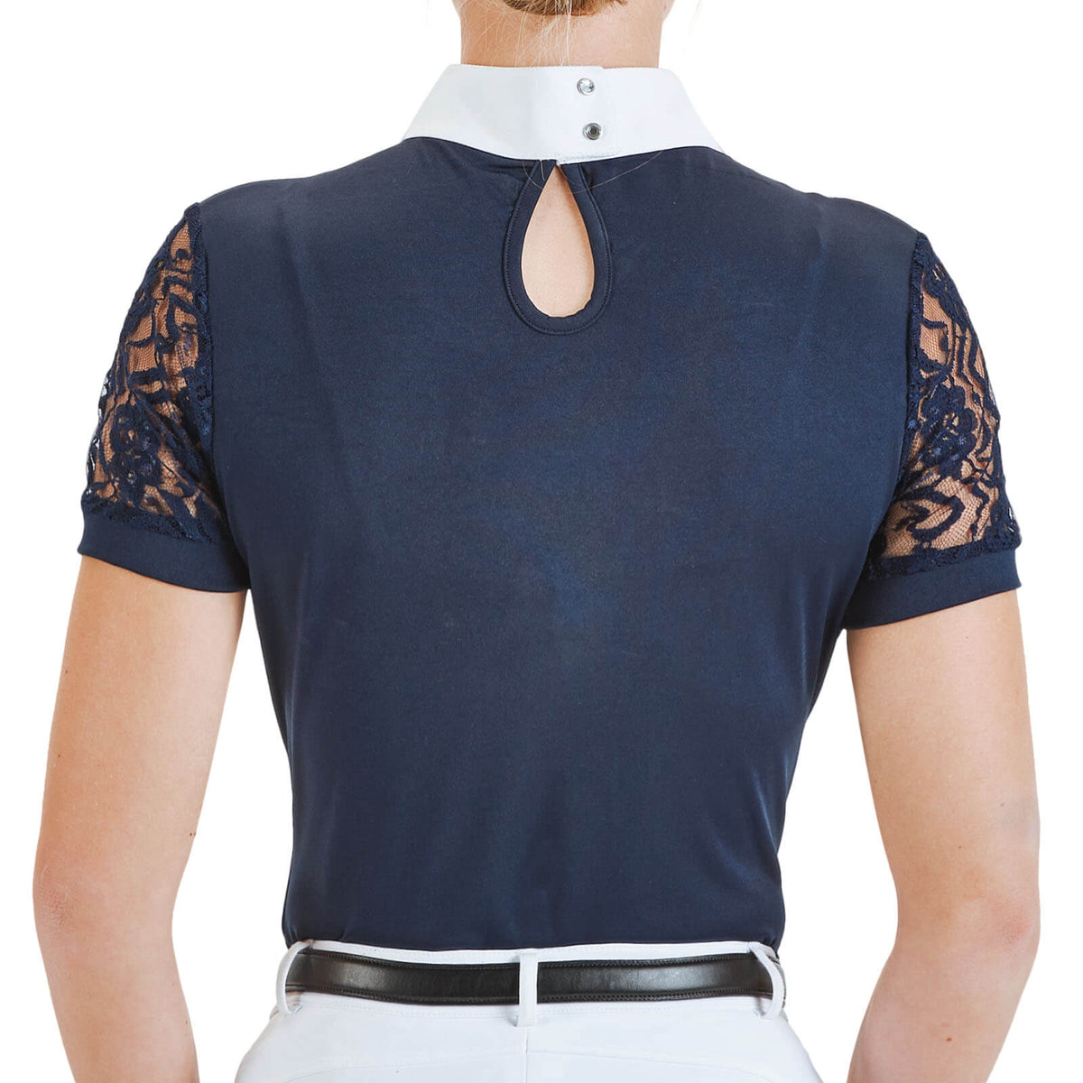 Turnier-Shirt Ravenna, Dunkelblau, Rückansicht mit Spitzeneinsatz an Ärmeln und Kragen.