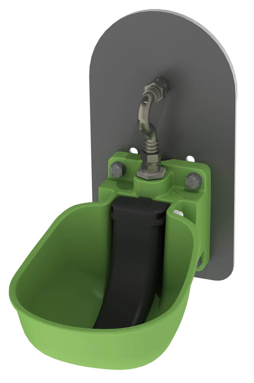 KERBL Tränkebecken KN50 für Wasserfass, Grün, Produkt allein mit Ventil und Halterung.