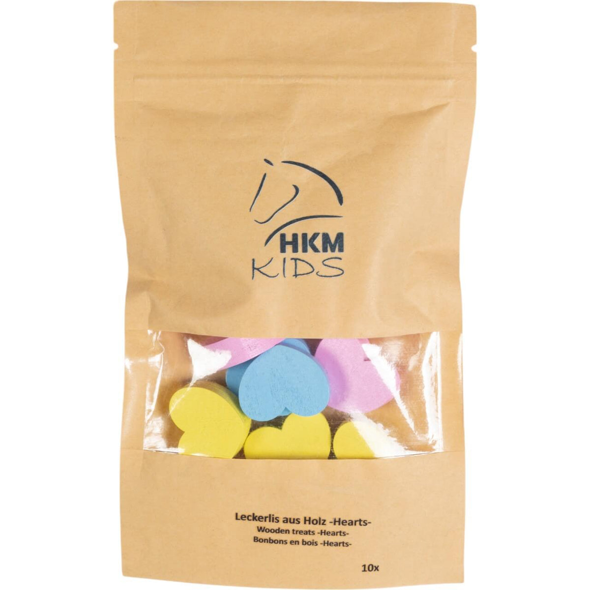 HKM Kids Leckerlis aus Holz Hearts Hobby Horsing, mehrfarbig, Produkt allein auf Verpackung.