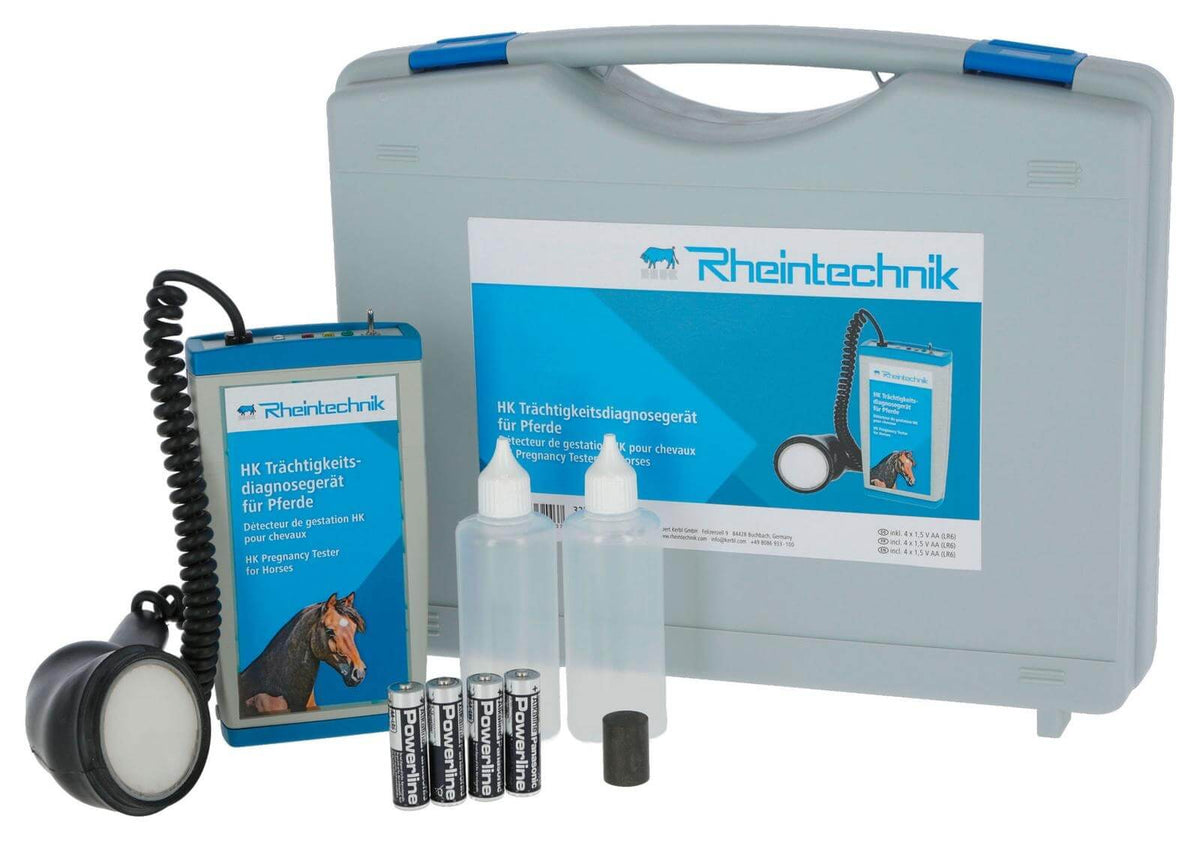 Rheintechnik HK Trächtigkeitsdiagnosegerät für Pferde, Produkt allein mit Koffer und Zubehör auf weißem Hintergrund.