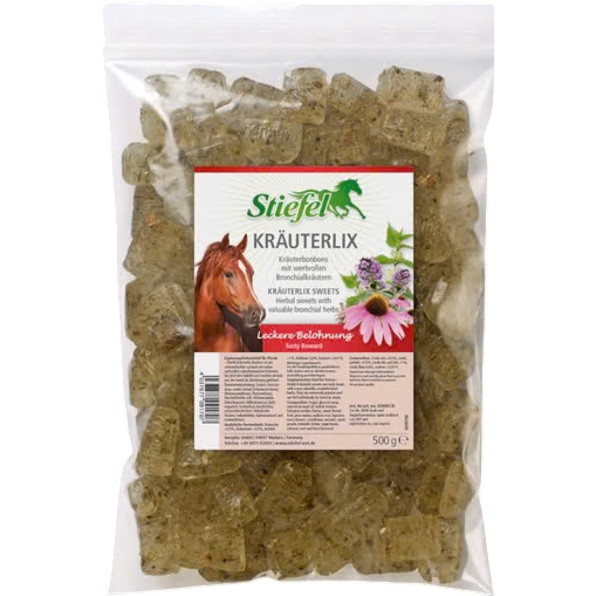 Stiefel Pferdebonbons Kräuterlix Pferdeleckerlis Pferdesnacks, 500 g, Produkt allein in Beutelverpackung.