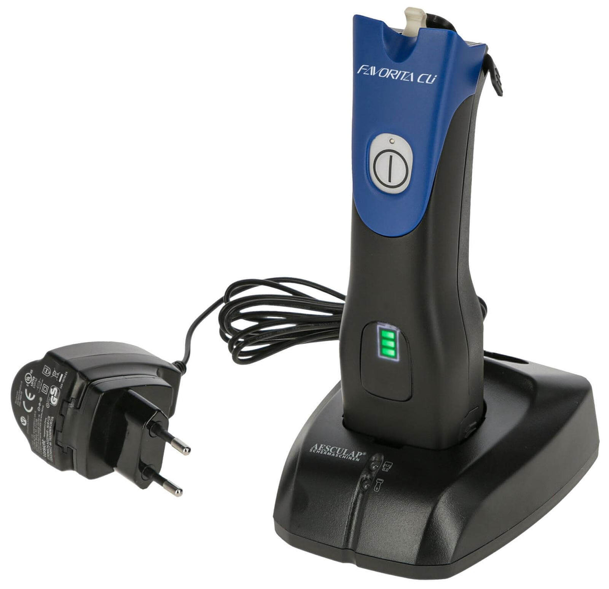 Aesculap Akkuschermaschine Favorita CLi, Blau, Produkt allein mit Ladestation und Netzteil.