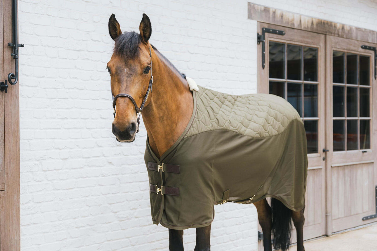 Kentucky Horsewear Transportdecke Abschwitzdecke Combo Cooler, Olive Green, Pferd trägt die Decke vor einer Stallwand.