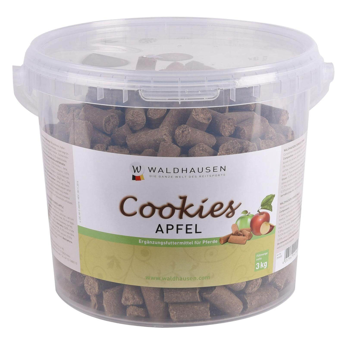 Waldhausen Cookies, Apfel, 3 kg, Produkt allein in transparenter Dose auf weißem Hintergrund.