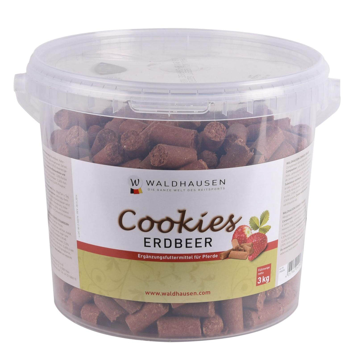 Waldhausen Cookies, 3 Kilogramm, Erdbeere, Produkt im transparenten Eimer auf weißem Hintergrund.
