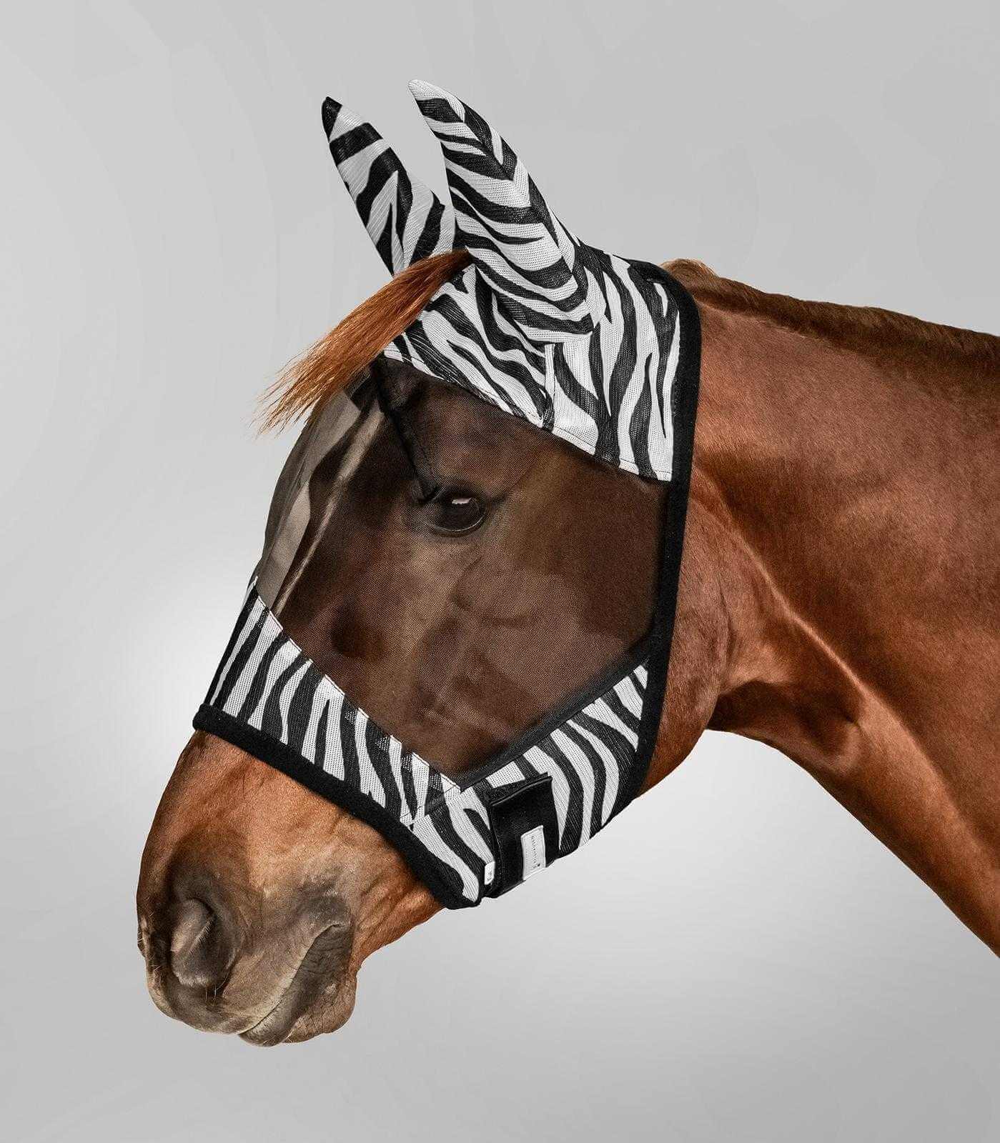 Fliegenmaske Zebra, Schwarz/Weiß, an einem Pferd getragen.