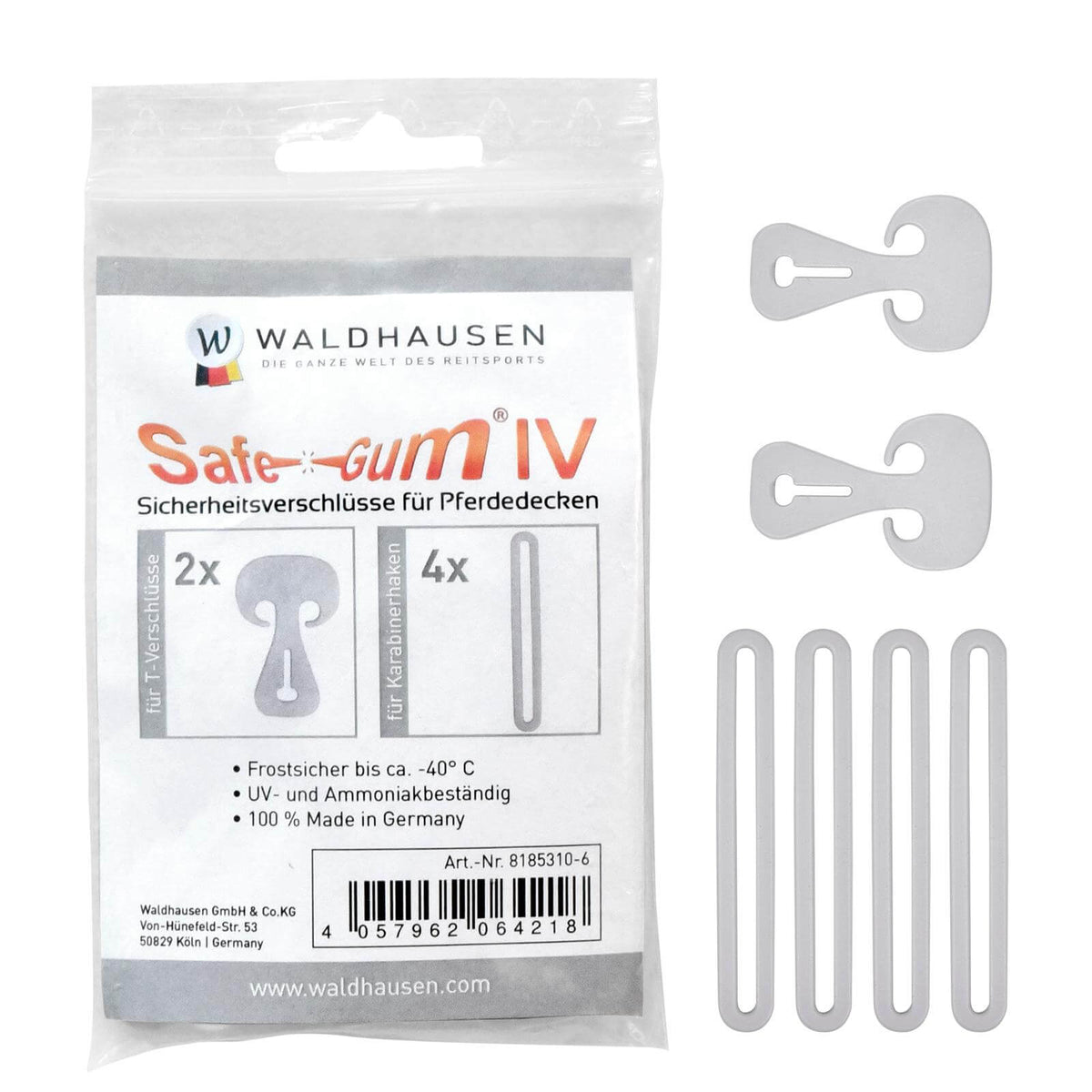 Waldhausen Safe-Gum 6er Set für Karabiner und T-Verschlüsse, mehrere Teile auf weißem Hintergrund.