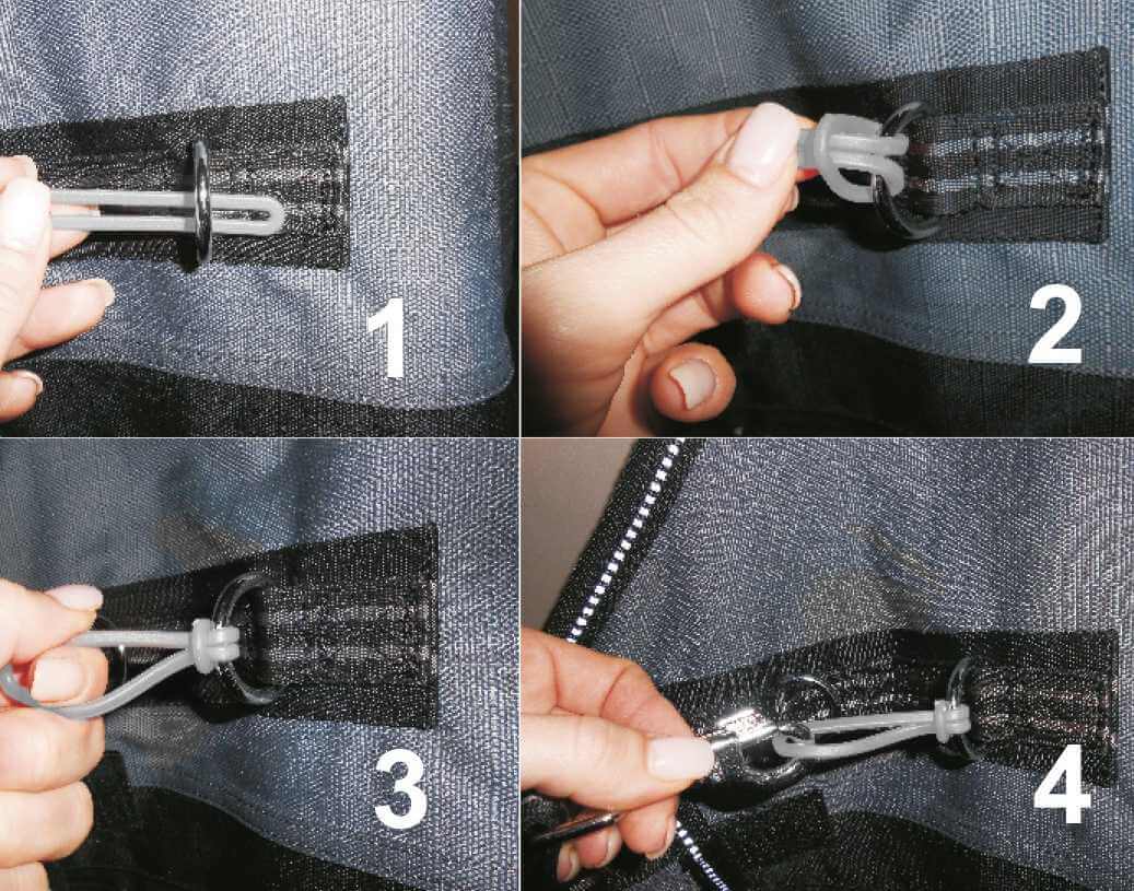 Waldhausen Safe-Gum 6er Set für Karabiner und T-Verschlüsse, Detailaufnahme an Pferdedecke.