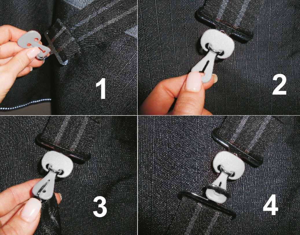Waldhausen Safe-Gum 6er Set für T-Verschlüsse Soll-Bruch-Gummis für Deckenverschlüsse, Detailaufnahme am Pferdedeckenverschluss.