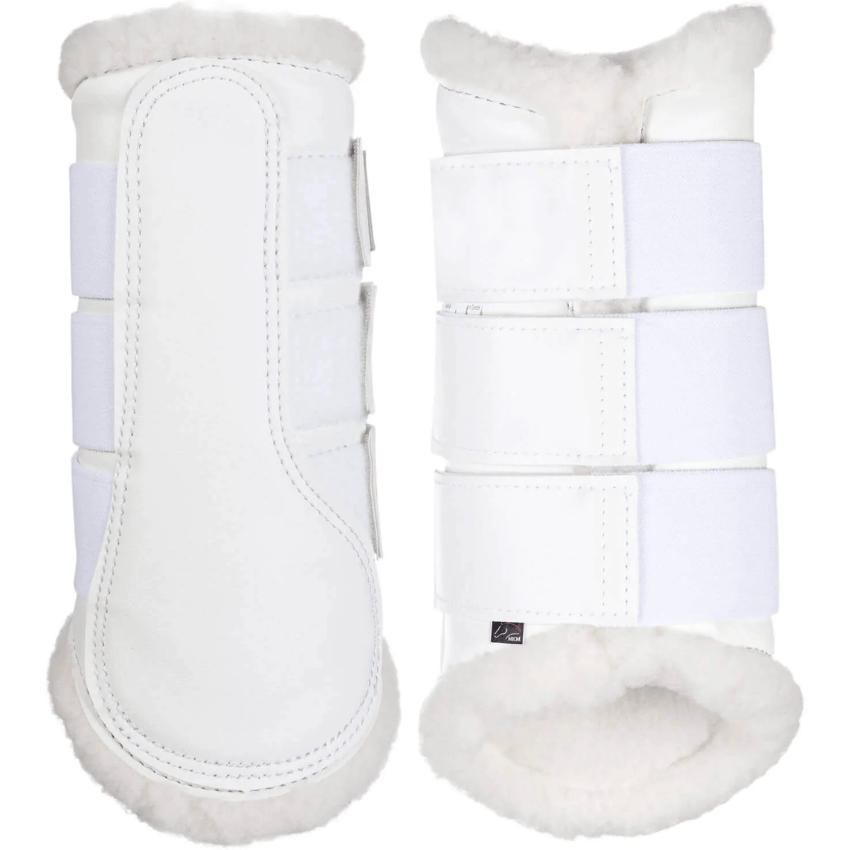 HKM Gamaschen Comfort Dressurgamaschen Weiß, Produktpaar mit Teddy-Innenfutter auf weißem Hintergrund.
