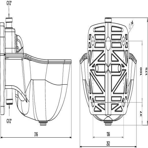 Tränkebecken K75, technische Zeichnung des Produkts in Seiten- und Vorderansicht.