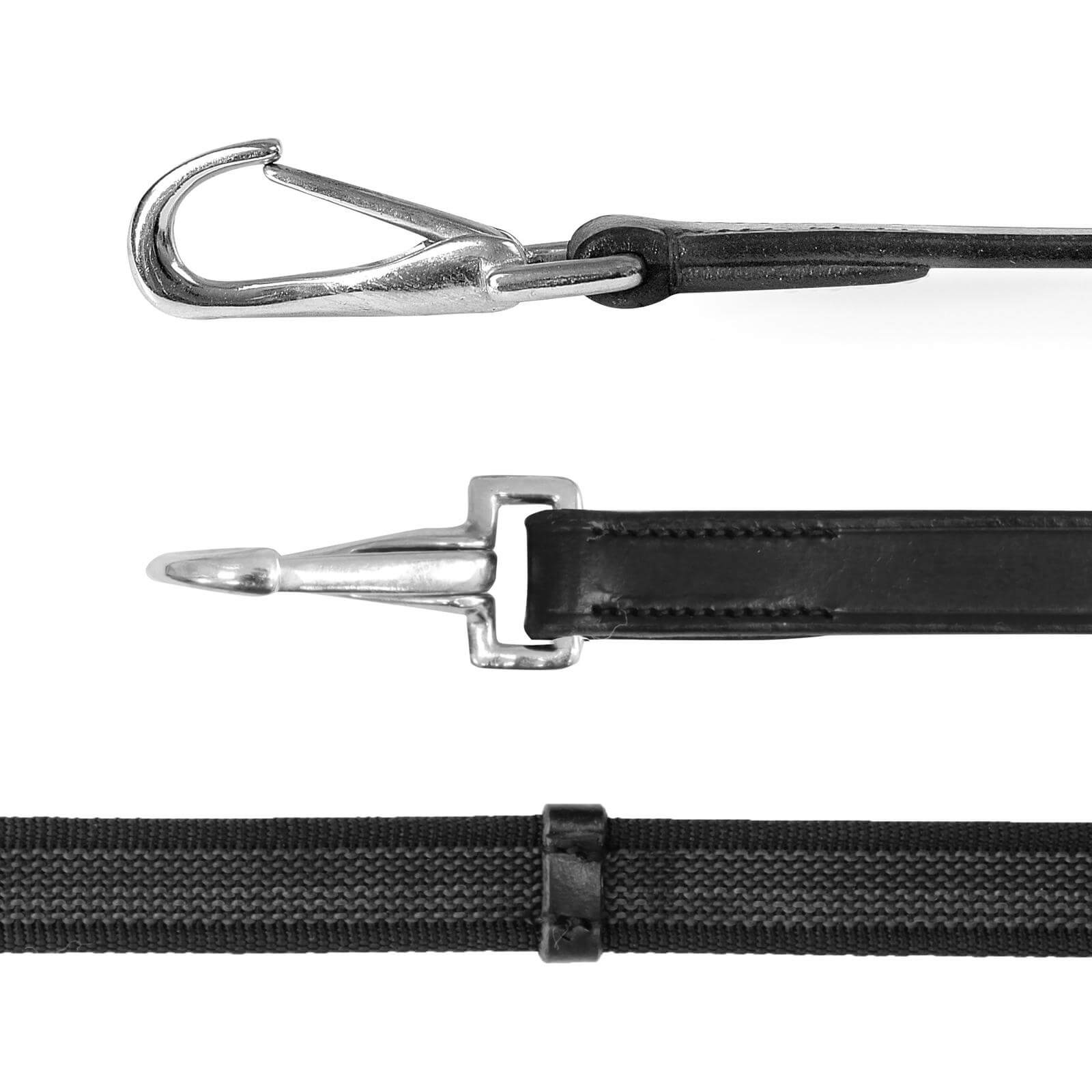 Anti-Rutsch-Zügel, schwarz, 19 mm mit Karabiner, Detailaufnahme der Karabinerhaken.