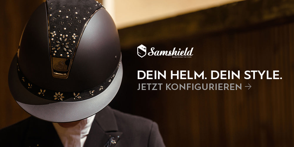 Samshield Logo, Reiter mit Helm und Text „Dein Helm. Dein Style. Jetzt konfigurieren“.
