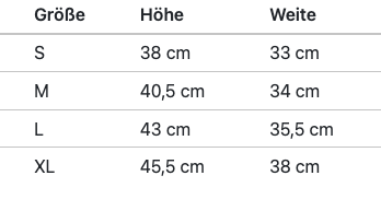 Covalliero Minichaps Elasto, Größentabelle mit S bis XL und Höhen- sowie Weitenangaben.