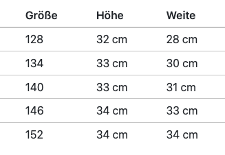 Minichaps ClassicStretch, Größentabelle mit Höhe und Weite.